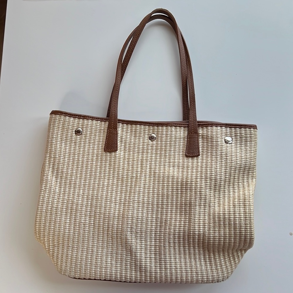 Furla Woven Straw Tote Cream Brown Leather Trim Large Shoulder Bag Resort Luxury - Picture 3 of 12